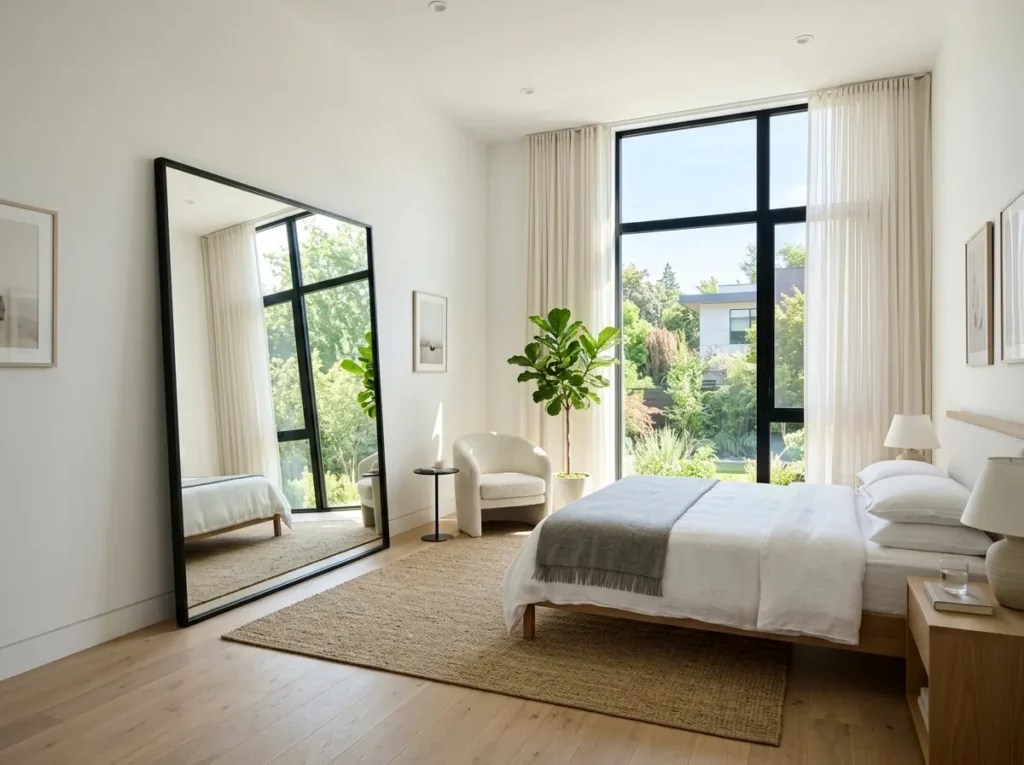 Large bedroom mirror placed opposite a window for more natural light