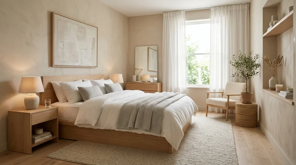 Minimalist home decor bedroom with soft neutral colors.