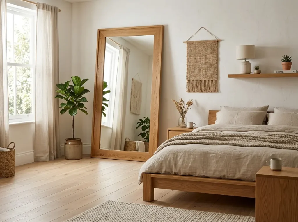 Leaning full-length big mirror in bedroom beside a wooden dresser with Scandinavian decor