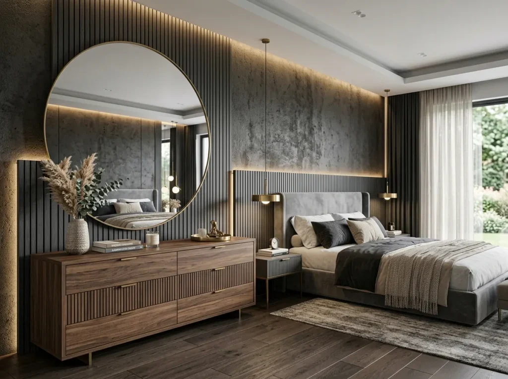 Oversized wall mirror creating a statement in a modern bedroom