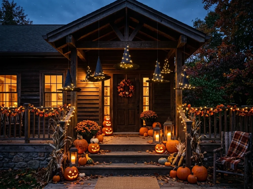 DIY outdoor Halloween decorations featuring floating witch hats with fairy lights.