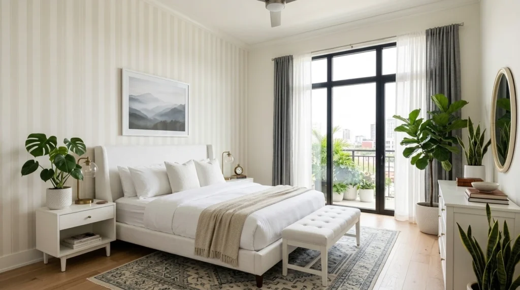 Vertical stripe wallpaper making a master bedroom appear taller