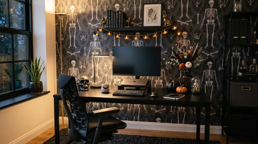 Halloween wallpaper designs featuring a modern skeleton pattern in a stylish home office
