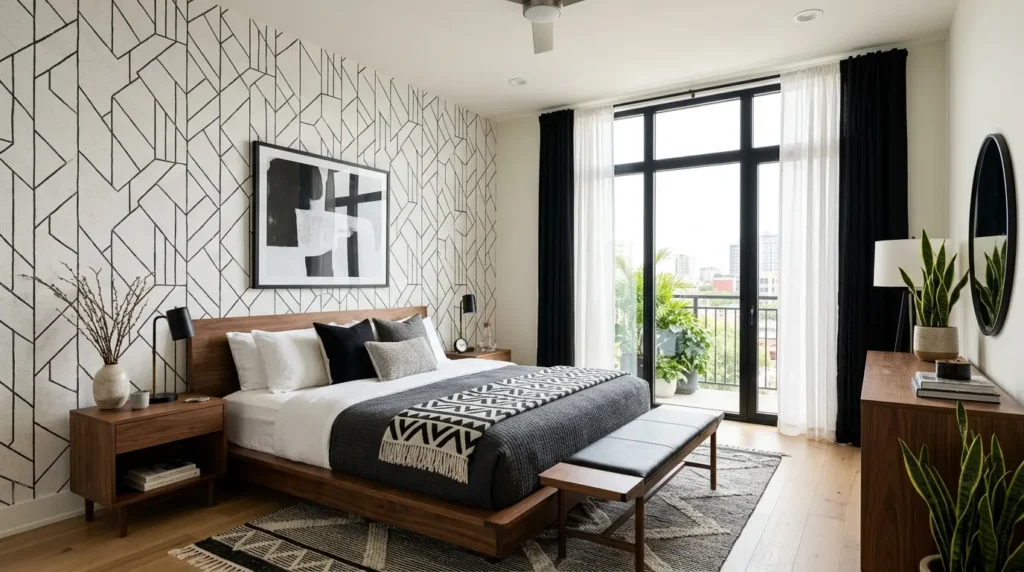 Modern geometric wallpaper accent wall in a contemporary master bedroom