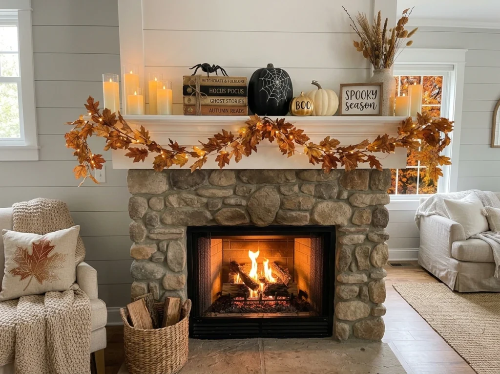 Halloween home decor on a mantel and small corner.