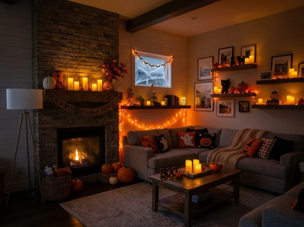 Warm Halloween lighting with LED candles and fairy lights.