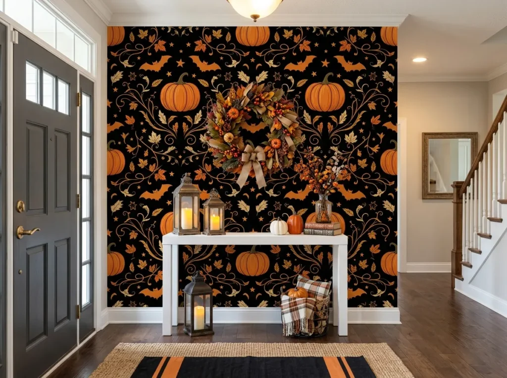 Black and orange Halloween wallpaper in an entryway