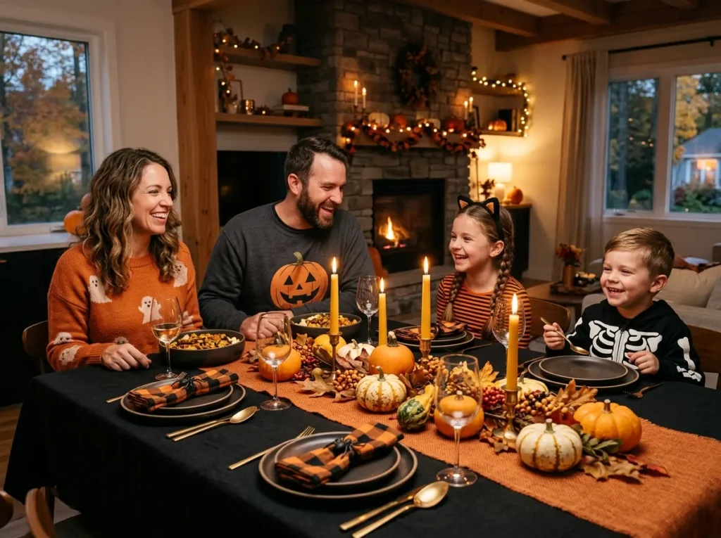 Beautiful Halloween party table decor with black and orange accents, pumpkins, candles, and a family celebrating together.