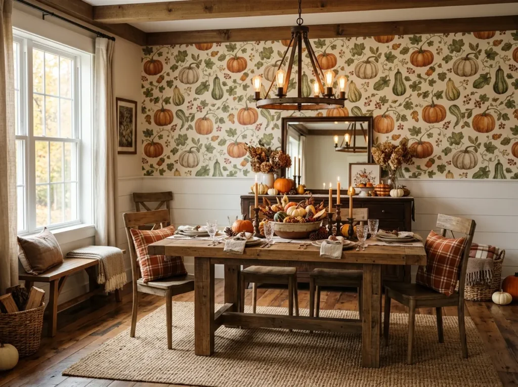 Pumpkin patch wallpaper in a cozy dining room
