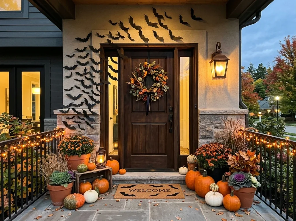 Black paper bats decorating a Halloween front door.