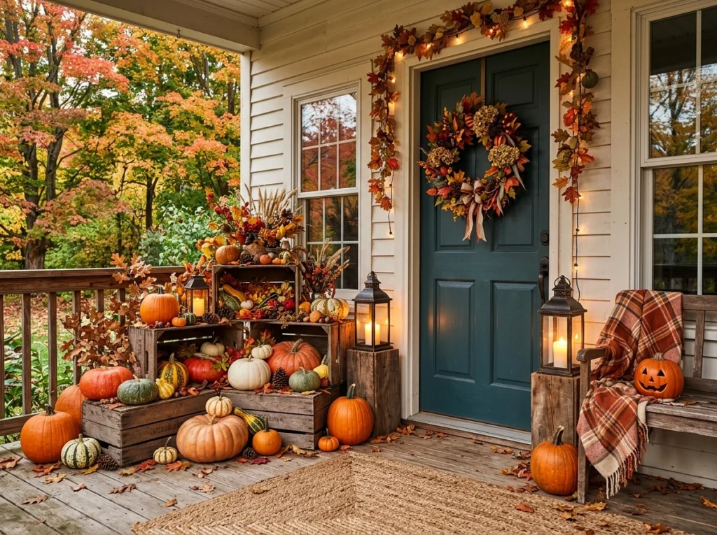 DIY outdoor Halloween pumpkin display on a front porch.