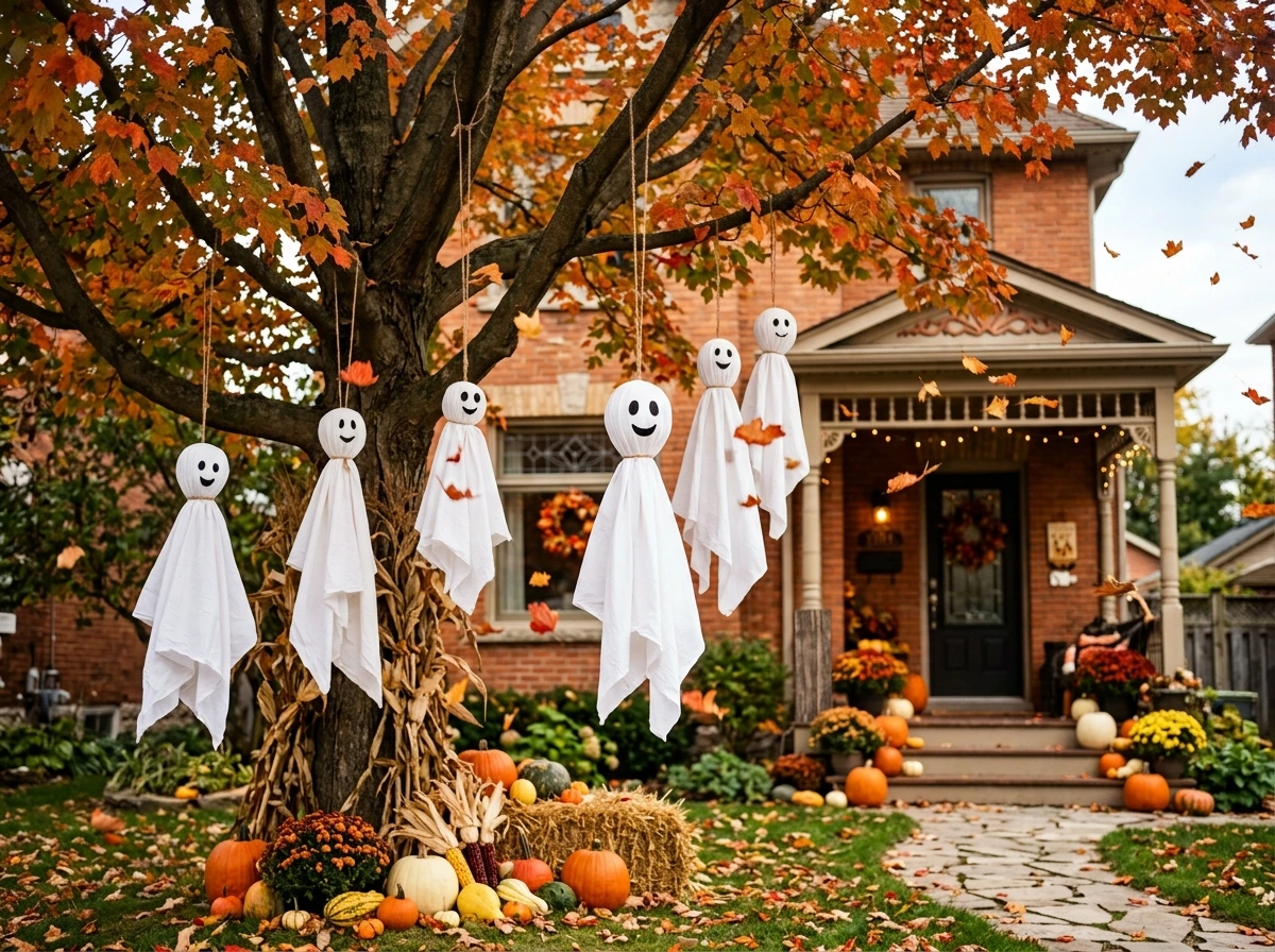 DIY Halloween sheet ghosts hanging in an outdoor yard.