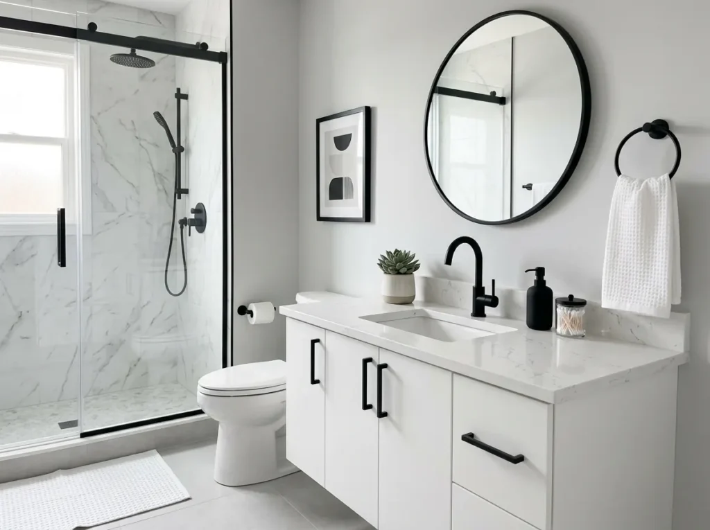 Matte black bathroom fixtures paired with a sleek white vanity