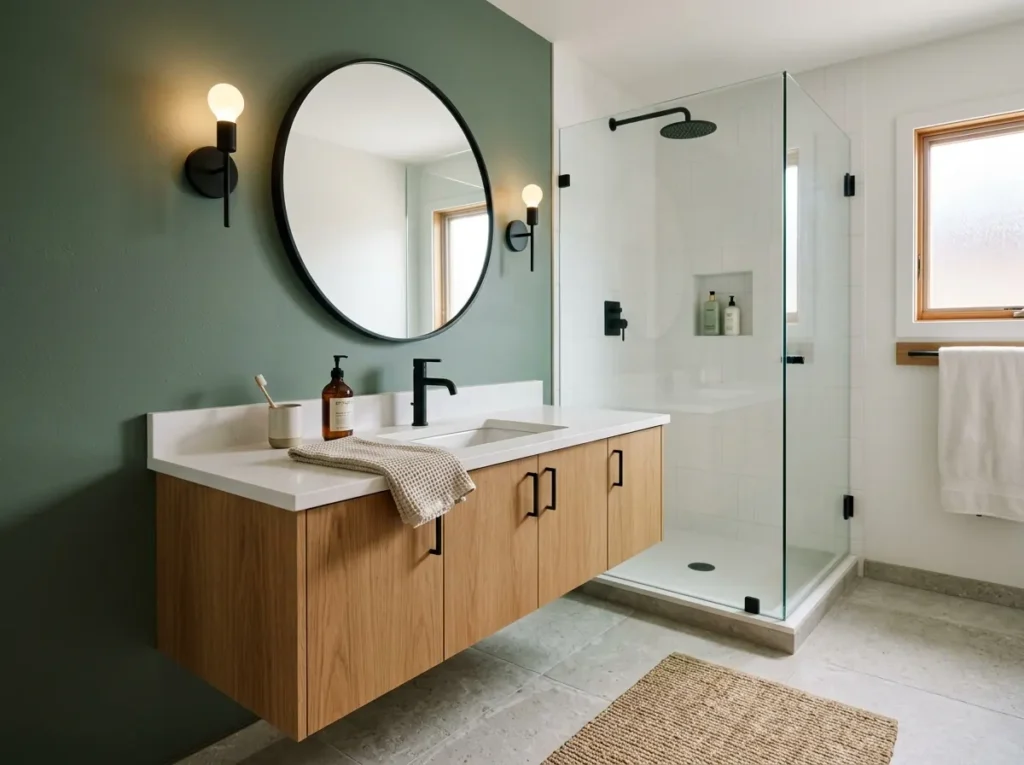 Modern guest bathroom with a bold sage green accent wall and floating vanity