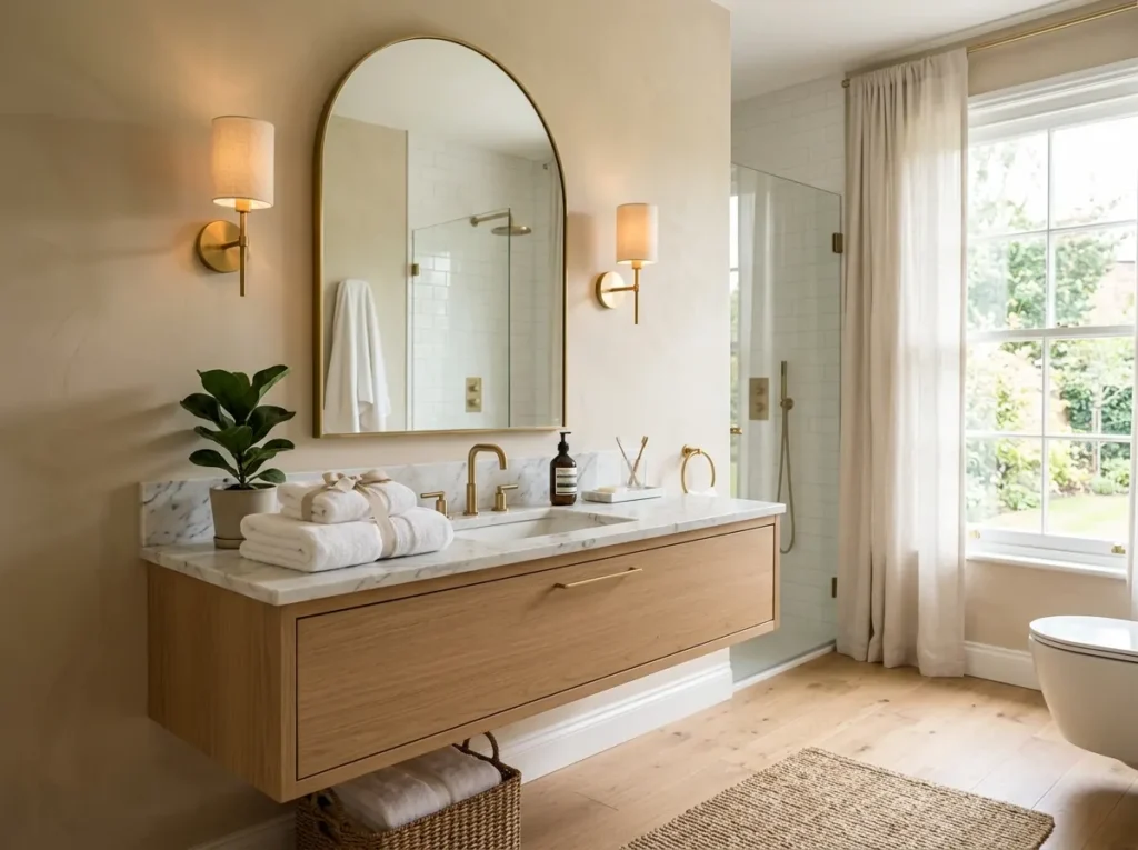 Guest bathroom ideas with a large arched mirror and wooden vanity