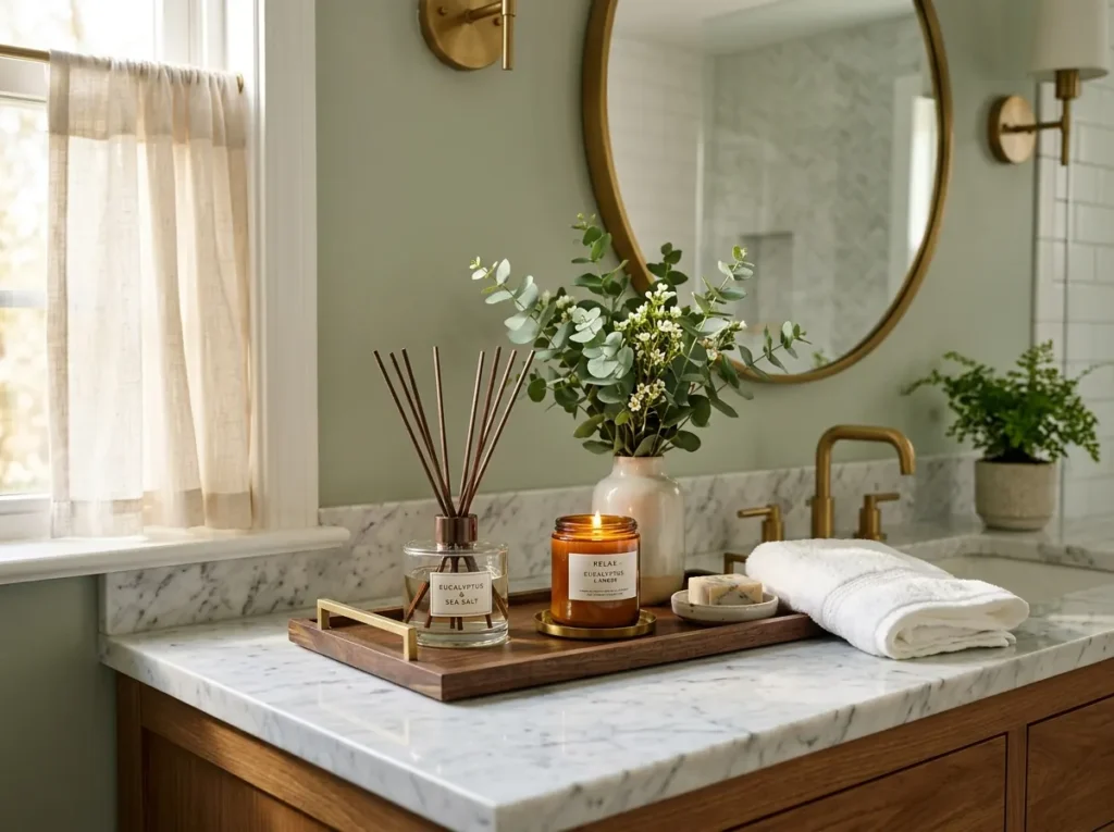 Reed diffuser and scented candle creating a relaxing bathroom atmosphere