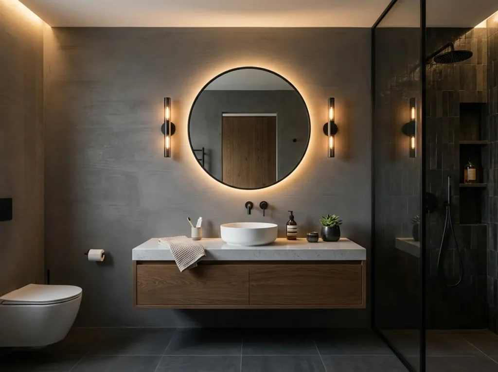 Elegant wall sconces illuminating a contemporary guest bathroom