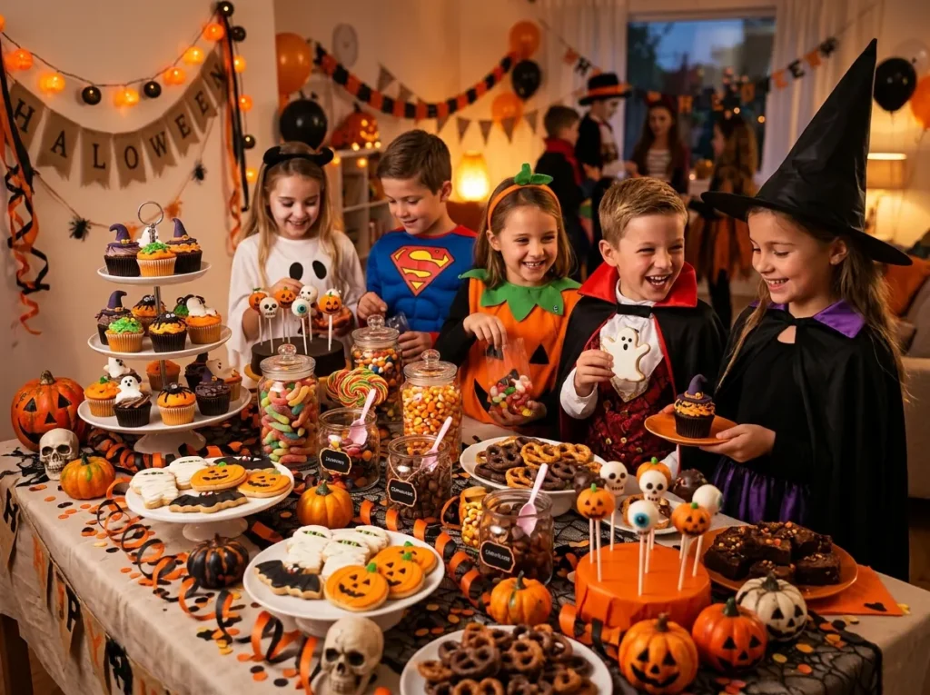 Kids enjoying a colorful dessert display filled with seasonal sweets and festive decorations.