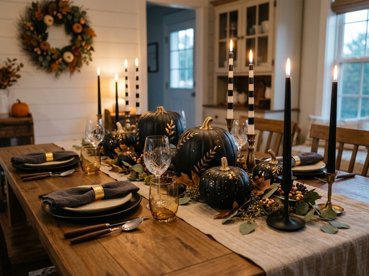 Black painted pumpkins on a Halloween table centerpiece.