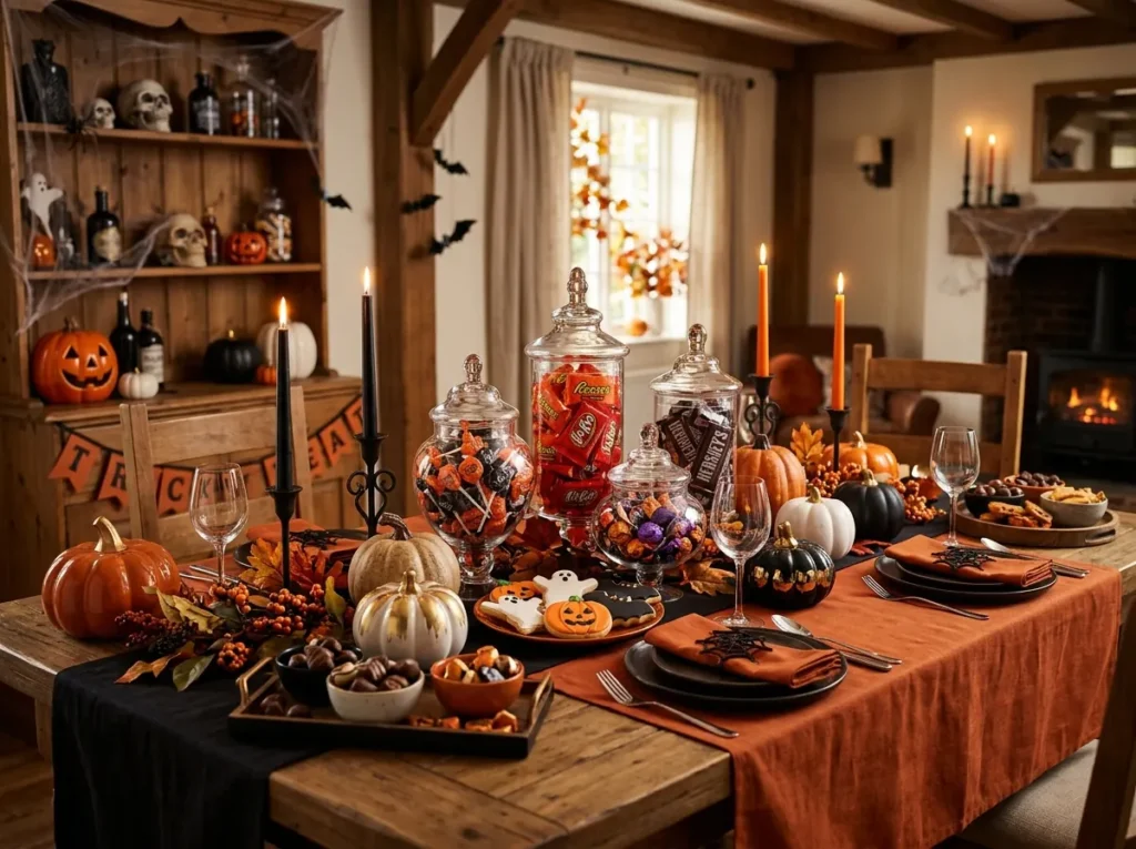 Halloween Party Table Decor ideas with glass jars of colorful candies, chocolates, cookie s, pumpkins, candles, and elegant serving trays.