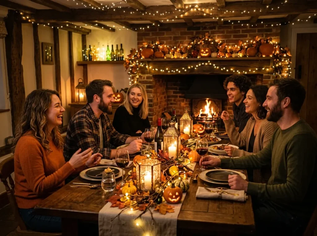Evening party table glowing with fairy lights, lanterns, and cozy seasonal decorations.