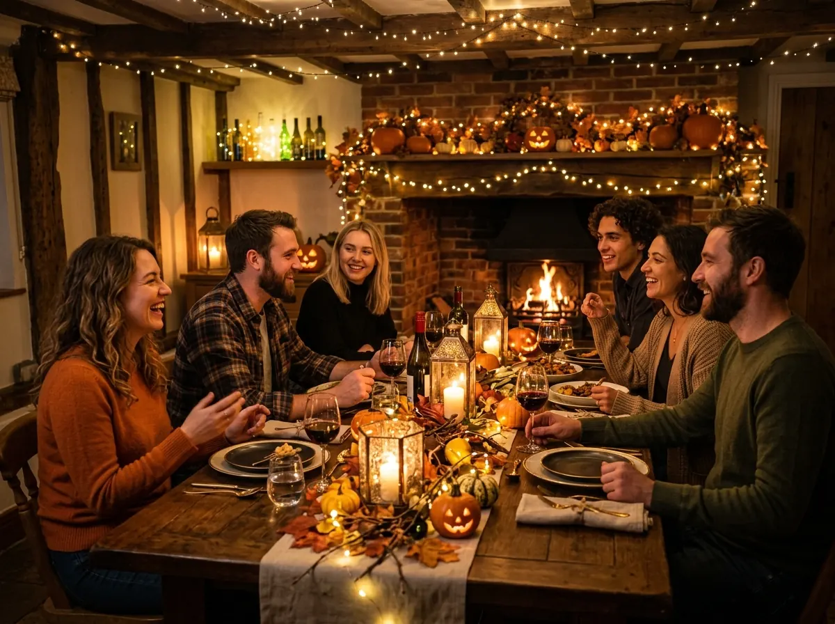 Evening party table glowing with fairy lights, lanterns, and cozy seasonal decorations.
