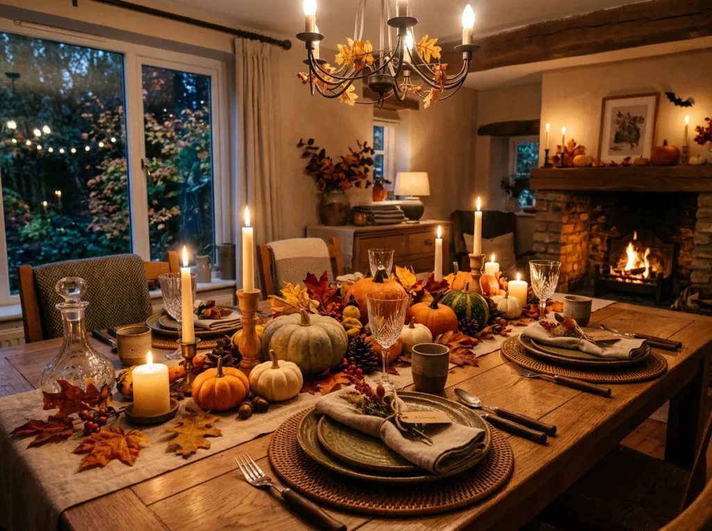 Rustic dining table decorated with pumpkins, colorful autumn leaves, and cozy seasonal accents.
