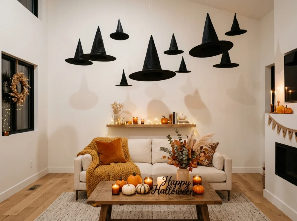 Floating black witch hats hanging from the living room ceiling with fishing line for easy Halloween decor.