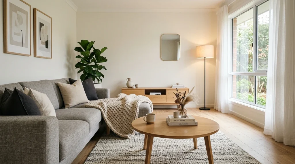 Cozy minimalist living room with layered textures and soft fabrics.
