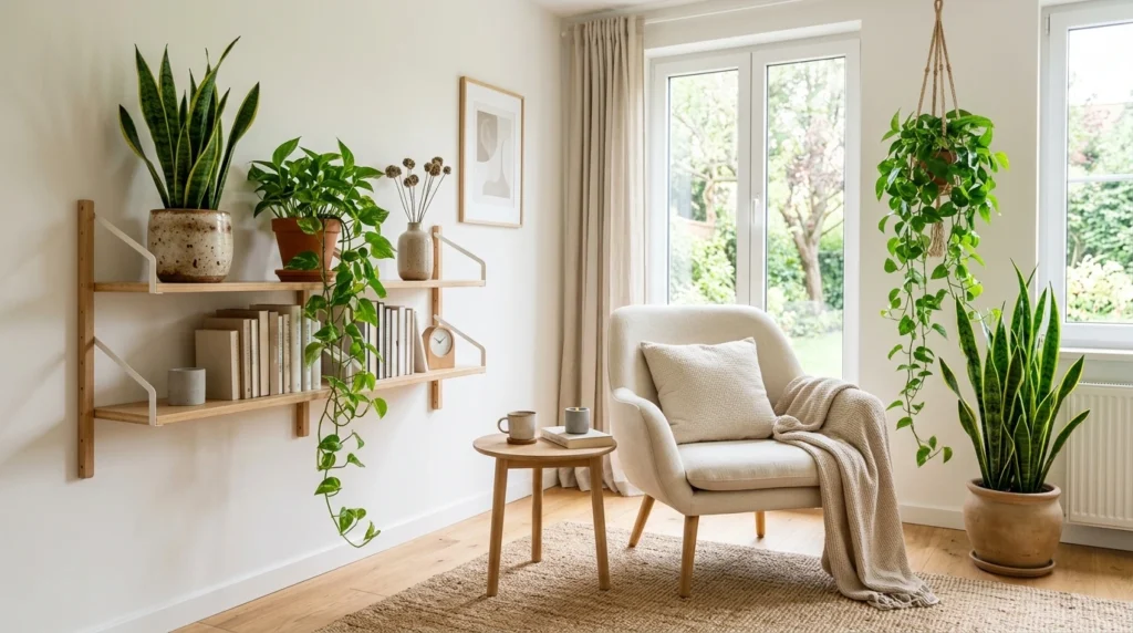 Indoor plants adding freshness to a modern minimalist room.