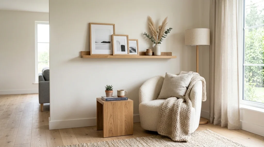 Natural wood shelf in a clean, modern living space.