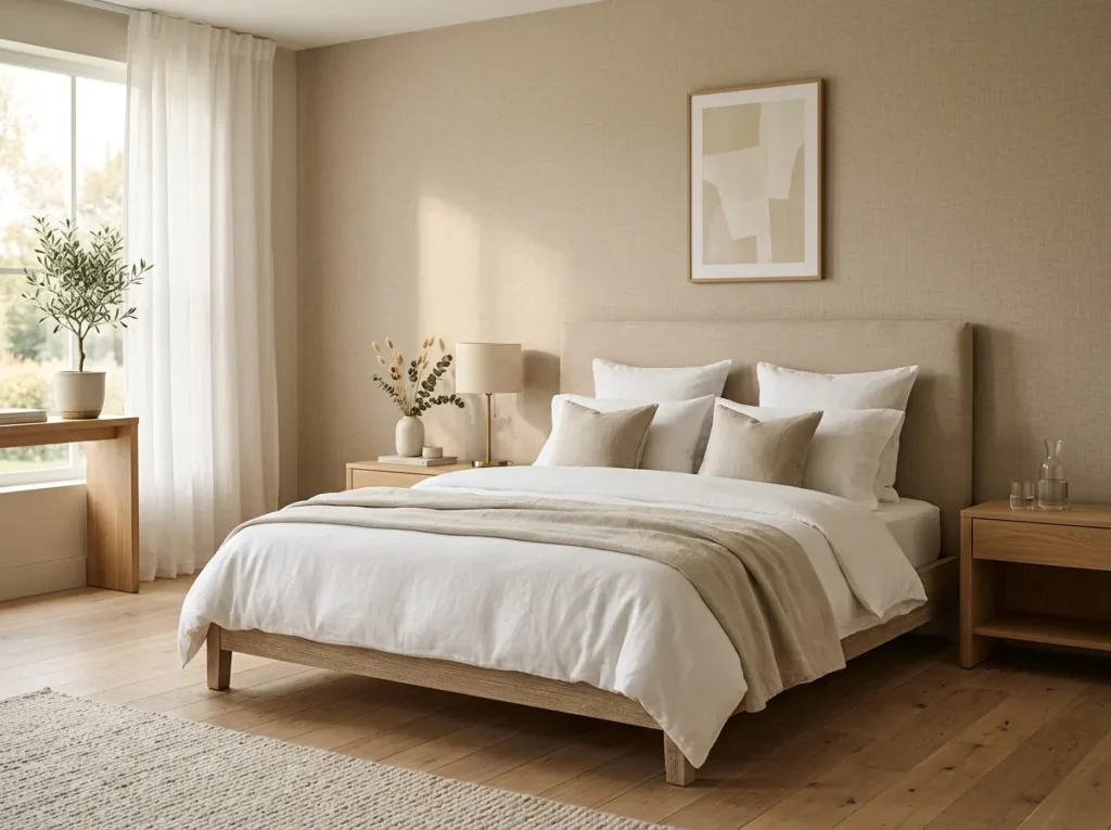 Master bedroom with soft neutral textured wallpaper and warm minimalist decor