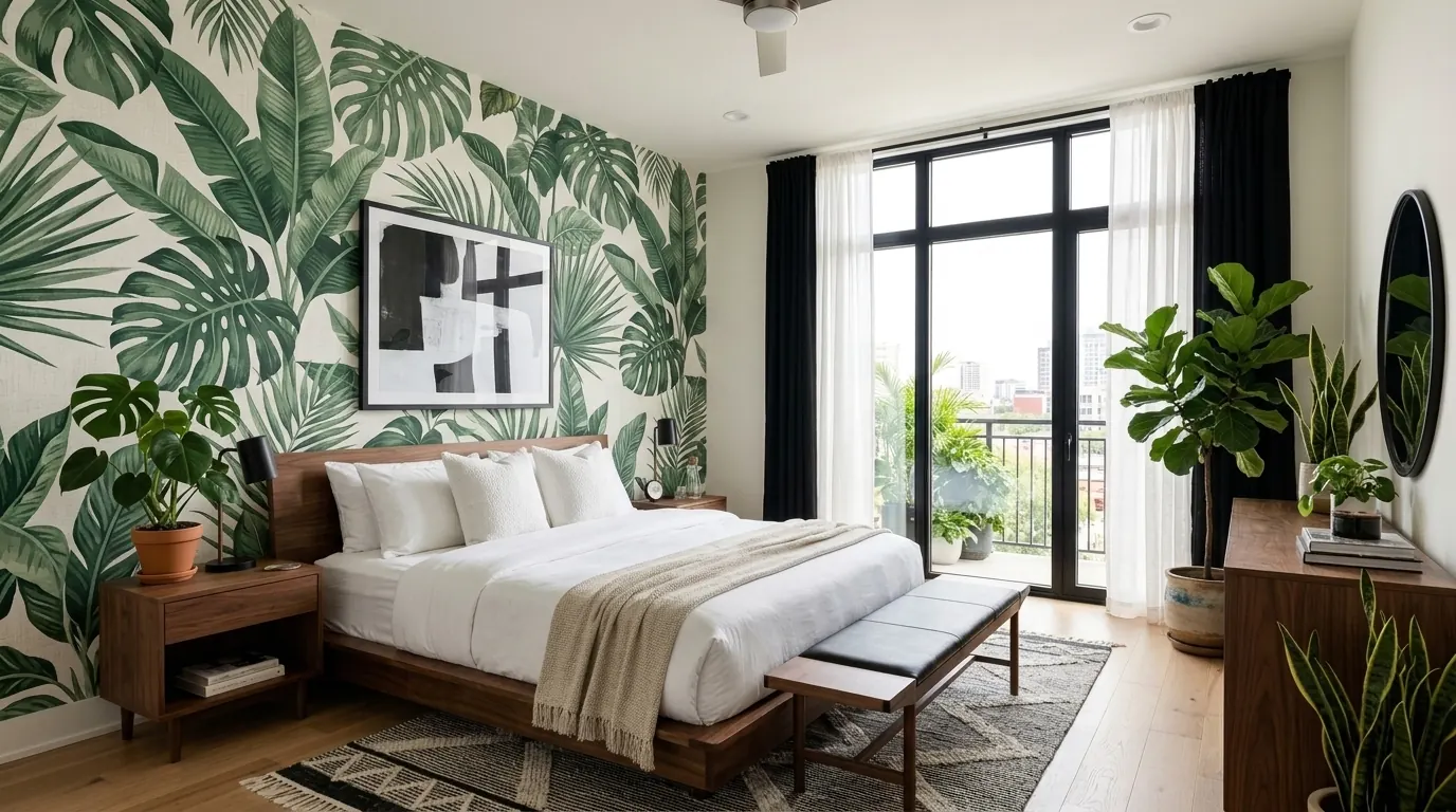 Botanical green wallpaper creating a relaxing master bedroom accent wall