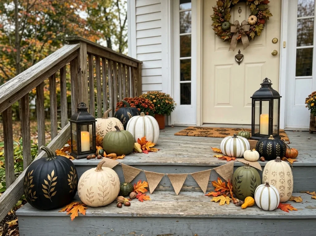 Painted Halloween pumpkins decorating a front porch.