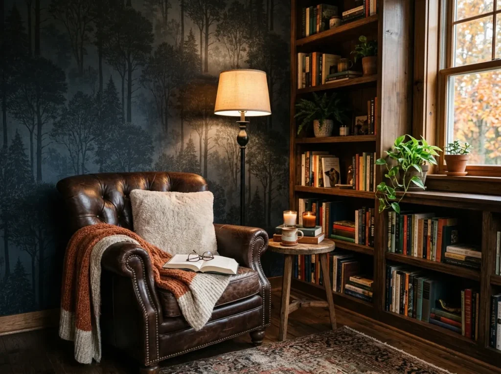 Dark forest wallpaper for a cozy reading nook