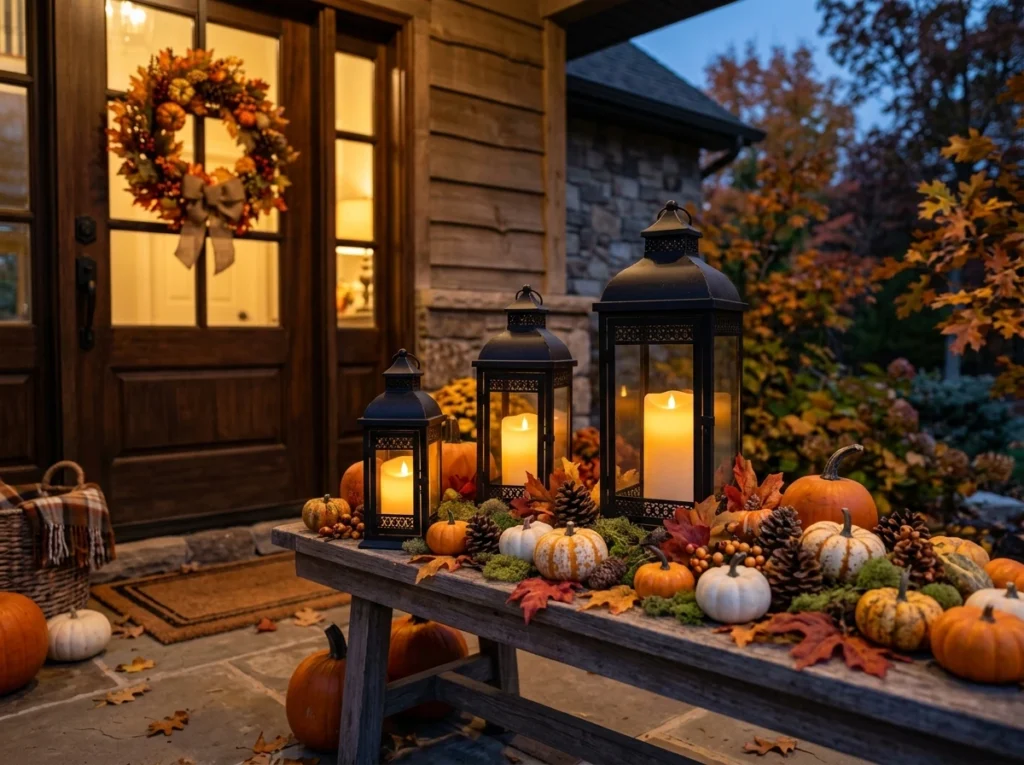 DIY Halloween lantern display with pumpkins and LED candles.