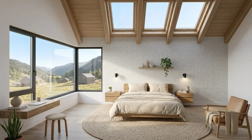 Minimalist Scandinavian master bedroom wallpaper ideas featuring soft gray wallpaper, a sloped wooden ceiling, an oak platform bed, and elegant Nordic decor.