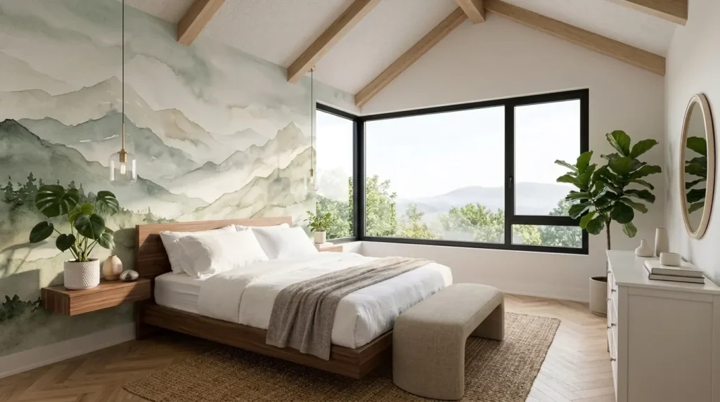 Master bedroom with a nature-inspired mural wallpaper creating a peaceful and luxurious retreat.
