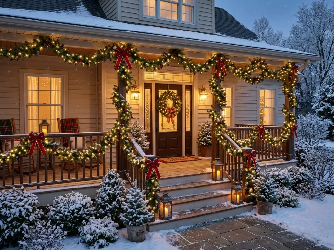 Porch railings wrapped with Christmas garland and warm string lights