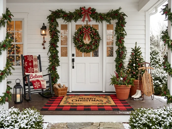 Layered Christmas welcome mat on plaid rug at festive front porch entrance