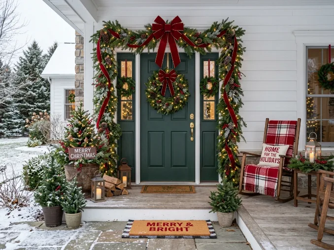 Christmas porch decorated with evergreen garland, ribbon, and warm white lights around the front door