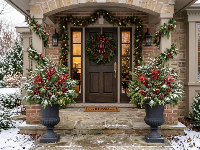 Front porch with matching Christmas planters filled with pine branches and berries