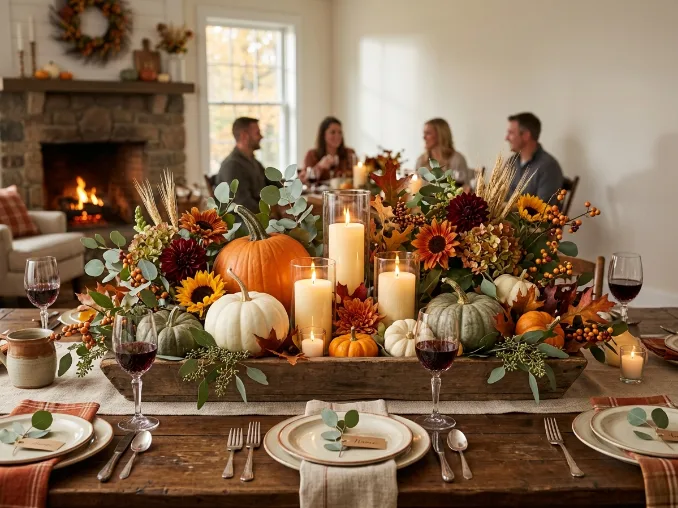 Cozy pumpkin centerpiece with candles and fall leaves for Thanksgiving table