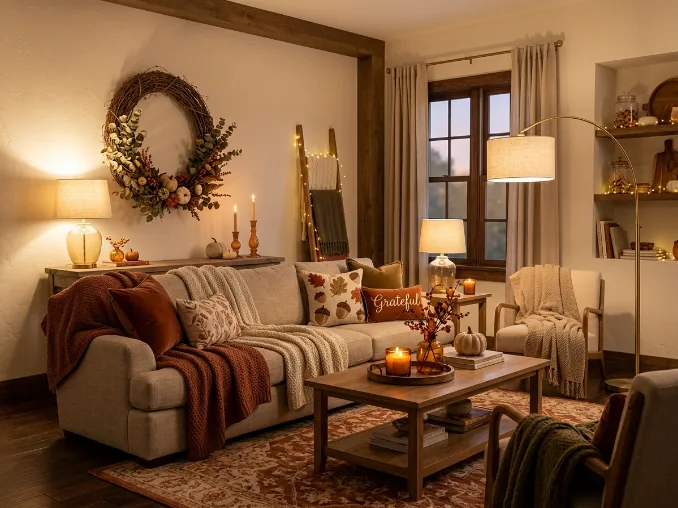 Thanksgiving home decor with warm lighting creating a cozy atmosphere