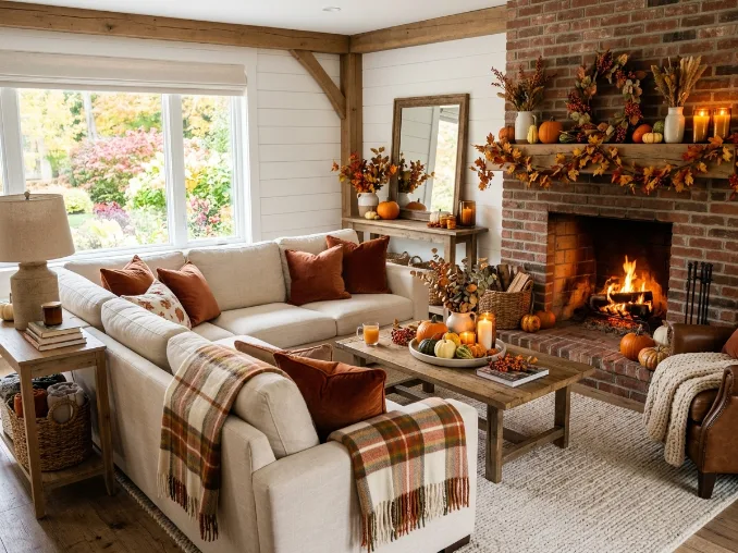 Thanksgiving living room with fall throw pillows and cozy blankets
