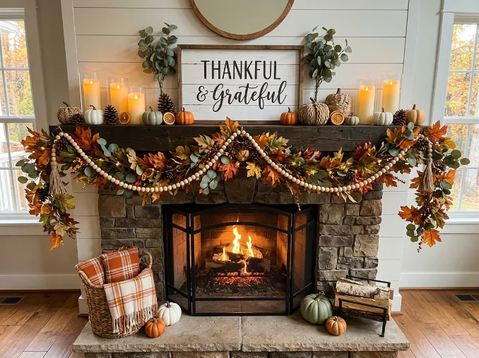 Thanksgiving garland with pumpkins and autumn leaves on fireplace mantel