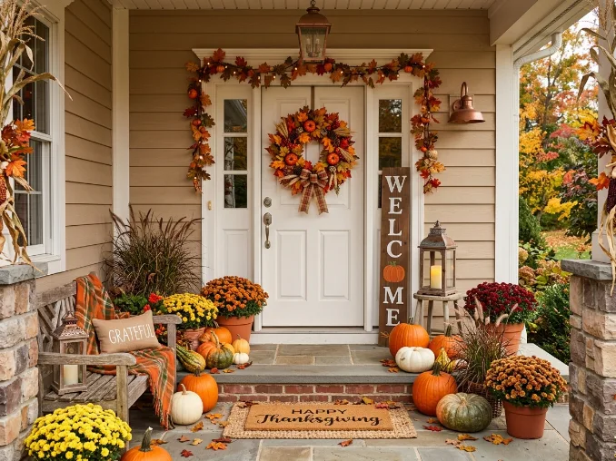 Thanksgiving entryway with pumpkins, lanterns, and fall wreath